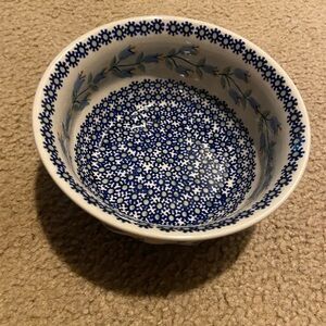 Polish Pottery scalloped bowl—blue tulips